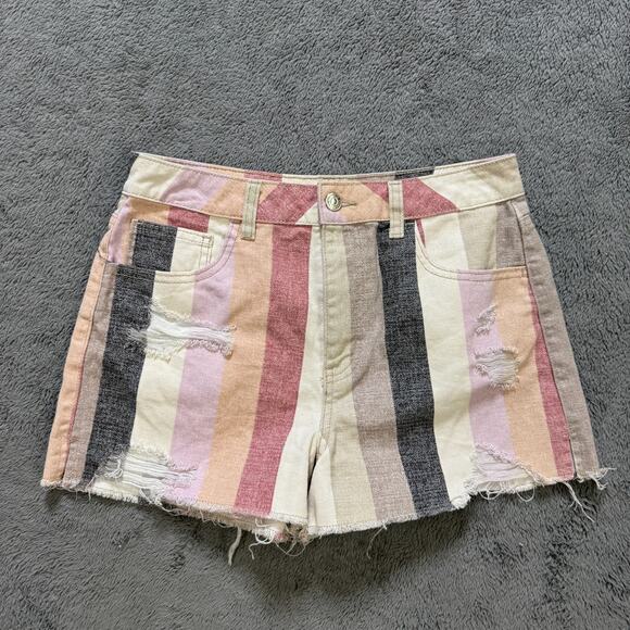 Forever 21 Colorblock Denim Shorts Striped Distressed Women's 26" Cut Off - Picture 1 of 8